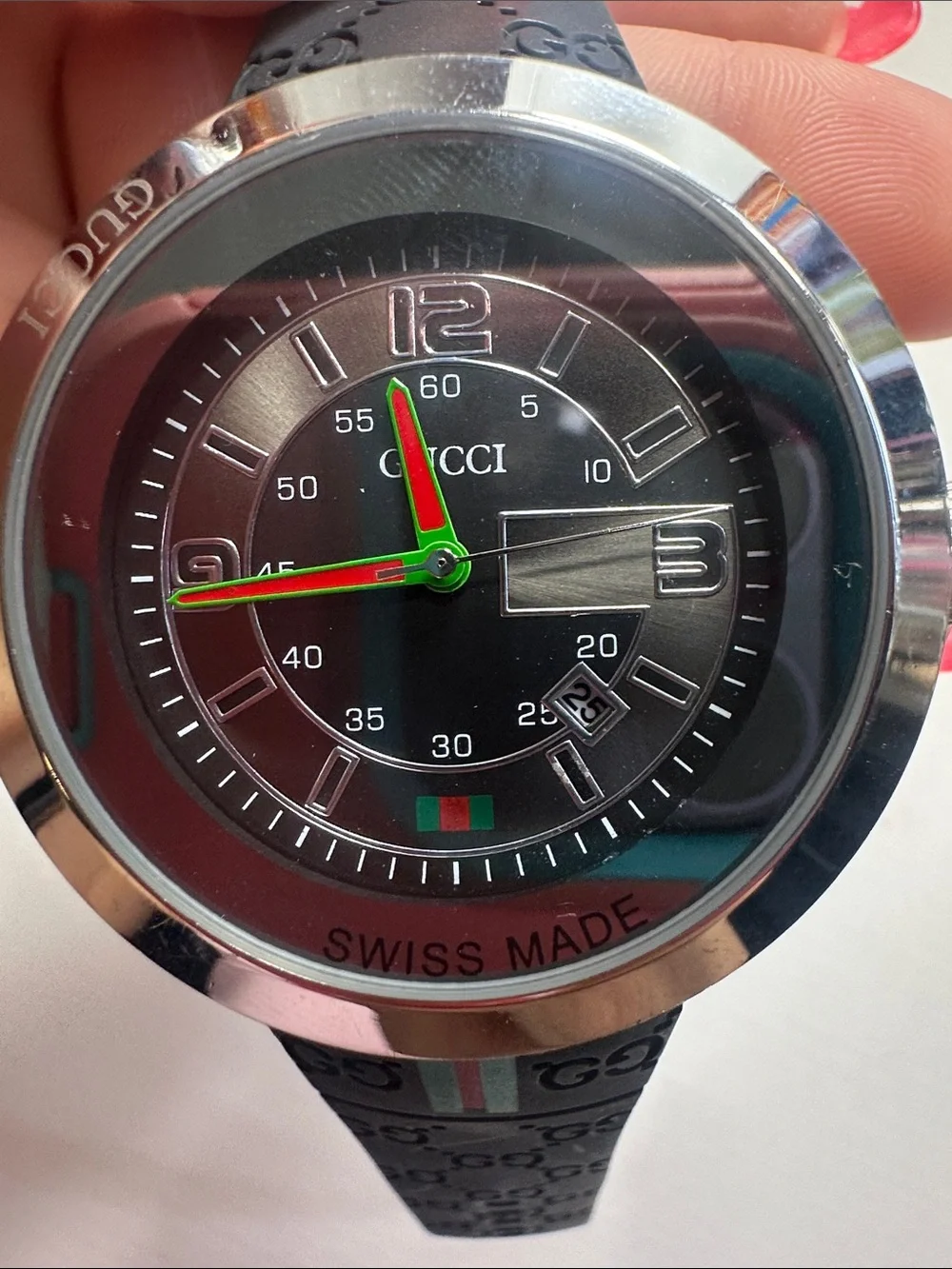 Gucci Black Silicone Strap Watch with Green-Red Accent
